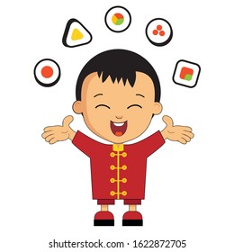 vector illustration of chinese boy juggling sushi