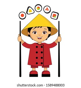 vector illustration of chinese boy with sushi and sticks