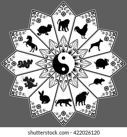 Vector illustration of the Chinese calendar with signs animals on grey background