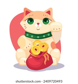 Vector illustration of a Chinese cat mascot. He holds a Chinese gold coin in his paw. One paw is raised. in cartoon style. On a white background.
