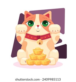 Vector illustration of a Chinese cat mascot. He holds a Chinese gold coin in his paw. One paw is raised. in cartoon style. On a white background.