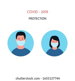 Vector illustration. Chinese corona virus. Protection. Masks Protect from 2019-nCoV. Man and woman in medical face mask icon