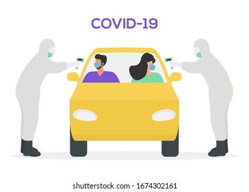 Vector illustration Chinese corona virus ncov, covid-19. Man in hazmat suit and respirator mask checks temperature of car driver. China pathogen coronavirus pandemic risk Protect Design for web, print