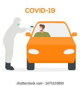 Vector illustration Chinese corona virus ncov, covid-19. Man in hazmat suit and respirator mask checks temperature of car driver. China pathogen coronavirus pandemic risk Protect Design for web, print