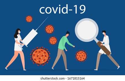 Vector illustration Chinese coronavirus COVID-19 Pandemic People Medical care for patients Invention of vaccine 2019-nCoV Stop spread of pathogen respiratory China virus SARS Design for website, print