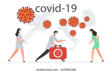 Vector illustration Chinese coronavirus COVID-19 Pandemic People Medical care for patients Invention of vaccine 2019-nCoV Stop spread of pathogen respiratory China virus Italy, South Korea SARS Design