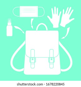 Vector illustration Chinese coronavirus COVID-19 Pandemic People Virus 2019-nCoV protection, infection prevention Put medical mask, gloves, disinfectant in bag, backpack Health, medicine China virus
