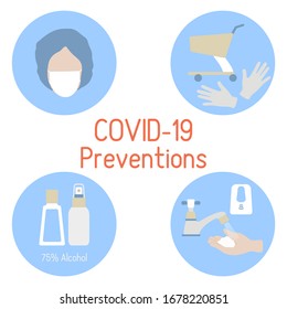 Vector illustration Chinese coronavirus COVID-19 Virus 2019-nCoV protection, infection prevention Pandemic Stop spread People Wearing medical mask, using sanitizer, disposable gloves, washing hands