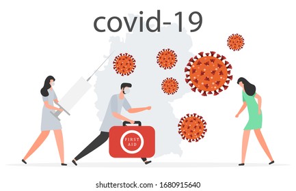 Vector illustration Chinese coronavirus COVID-19 Germany Pandemic People Medical care for patients. Invention of vaccine 2019-nCoV Stop spread of pathogen respiratory China virus SARS Design website