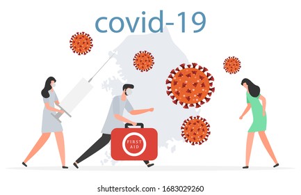 Vector illustration.  Chinese coronavirus COVID-19 Pandemic in South Korea.  Invention of vaccine medical care for patients with 2019-nCoV. Stop spread of pathogen respiratory China virus SARS Design print