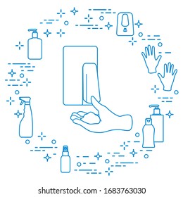 Vector illustration Chinese coronavirus COVID-19 Pandemic People respiratory China Virus 2019-nCoV protection and infection prevention. Hand washing. Soap dispenser, gloves, sanitizer Health, medicine