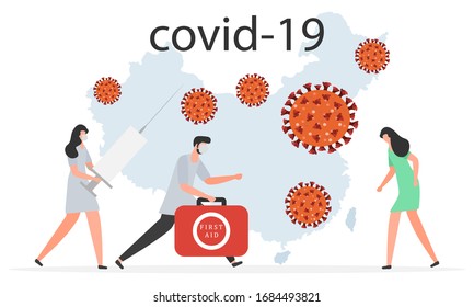 Vector illustration Chinese coronavirus COVID-19 Pandemic People Medical care for patients Invention of vaccine 2019-nCoV Stop spread of pathogen respiratory China virus SARS Design for website, print