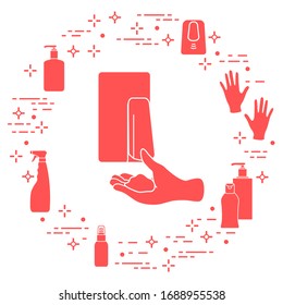 Vector illustration Chinese coronavirus COVID-19 Pandemic People respiratory China Virus 2019-nCoV protection and infection prevention. Hand washing. Soap dispenser, gloves, sanitizer Health, medicine