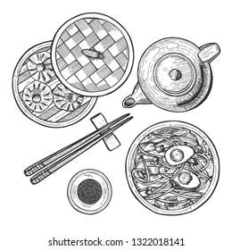 Vector illustration of chinese cuisine set. Menu with ramen noodles, dim sum and dumplings basket, soy sauce in cup, chinese tea pot, chopsticks. Vintage hand drawn style.