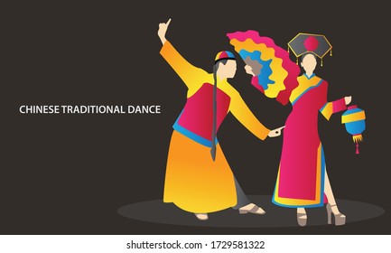 Vector illustration of a Chinese dance couple performing a their traditional culture in a nice vibrant costume 