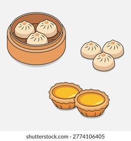 Vector illustration of Chinese dim sum, steamed buns in a bamboo basket, and delicious yellow egg tarts.