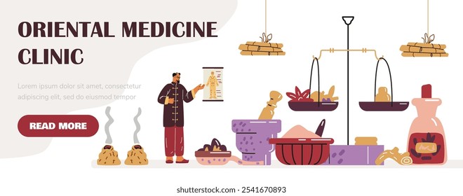 Ilustración vectorial de un doctor chino mostrando puntos de energía en un cartel en un cuerpo humano, herramientas para medicina alternativa: escamas, especias, hierbas, raíces