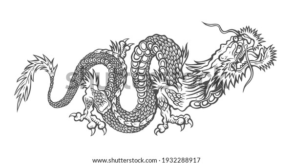 Vector illustration of a Chinese dragon. Black\
asian dragon.