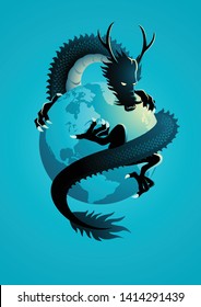 Vector Illustration Of A Chinese Dragon Encircling The World, Concept Of China Economy, Power And Monopoly