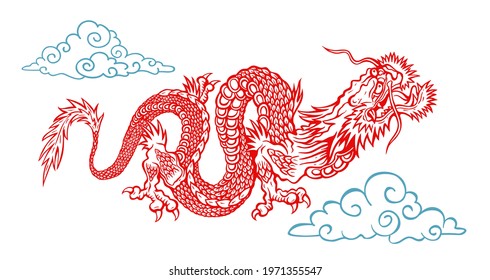 Vector illustration of a Chinese dragon. Red asian dragon with clouds.