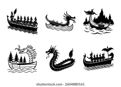 Vector illustration of a Chinese dragon symbol with Christmas and holiday-themed decorations, including a tree, star, silhouette, and boat, capturing a festive travel and celebration theme