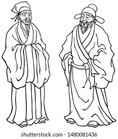 Vector illustration of Chinese elders in black and white for coloring.