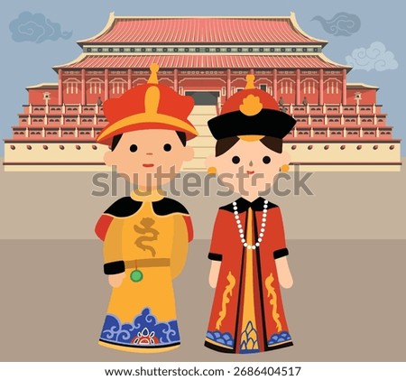 Vector illustration of a Chinese emperor and empress dressed in traditional Qing dynasty royal costumes, standing before the Forbidden City. travel and history designs celebrating Chinese tradition an