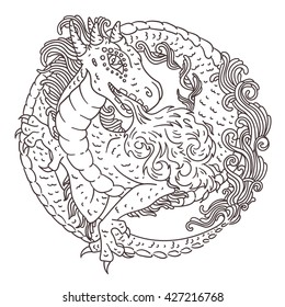 Vector illustration of chinese, european or japanese dragon with hornes and fire - round circle ornate rosette with scale, hair and other water and air elemental dragon features.