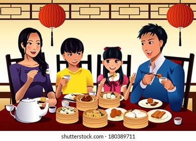 A vector illustration of Chinese family eating dim sum at a Chinese restaurant