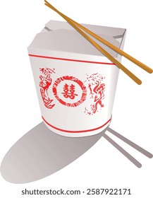 Vector illustration of Chinese fast food with chopsticks. Color drawing of Chinese food box.