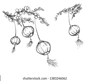 Vector illustration of chinese festival sky lanterns set. Hanging on blossoming sakura tree branches paper lantern Kongming fairy lights swaying on wind bring luck and peace. Vintage hand drawn style.