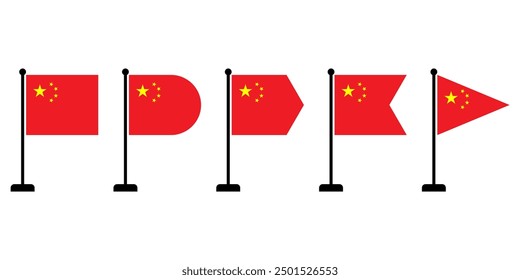 Vector illustration of a Chinese flag flying on a pole. Flat solid color cartoon with various shapes. Isolated with editable and scalable eps File. Wavy flag icon.