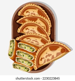 Vector illustration of Chinese food Chive pockets on a wooden tray isolated on white.