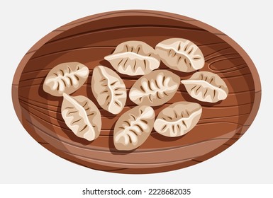 Vector illustration of Chinese food Dim Sum dumplings in the wooden tray isolated on white.