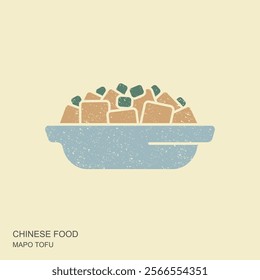 Vector illustration of Chinese food Mapo Tofu in the bowl. Flat icon in retro style