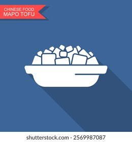 Vector illustration of Chinese food Mapo Tofu in the bowl. Flat vector icon with long shadow