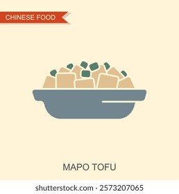 Vector illustration of Chinese food Mapo Tofu in the bowl. Flat vector icon in retro style