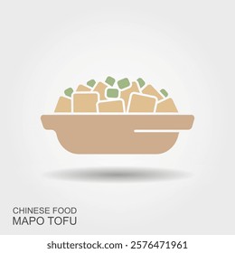 Vector illustration of Chinese food Mapo Tofu in the bowl. Flat vector icon with shadow