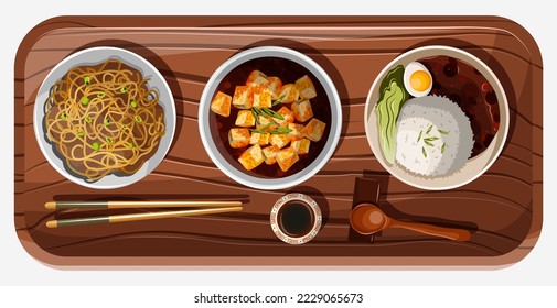 Vector illustration of Chinese food noodles, Mapo tofu, rice, chopsticks, soy sauce on the wooden tray isolated on white.