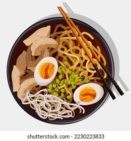 Vector illustration of Chinese food noodles with eggs, onion, meat in black plate and chopsticks. Top view, isolated on white.