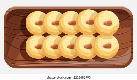 Vector illustration of Chinese food pastry almond cookies on the wooden tray isolated on white.