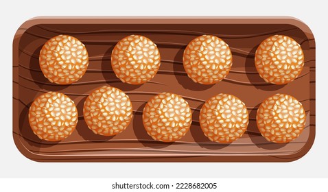 Vector illustration of Chinese food pastry potato sesamed balls on the wooden tray isolated on white.