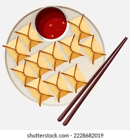 Vector illustration of Chinese food pastry baked cream cheese wontons with sauce and chopsticks isolated on white.