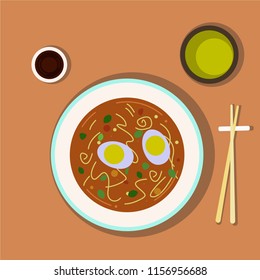 Vector illustration of Chinese food. A plate of soup, green tea, seasoning and wooden chopsticks. Table setting.