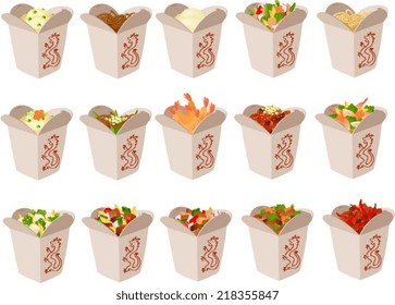 Vector illustration of chinese food in take out boxes.