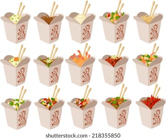 Vector illustration of chinese food in take out boxes.