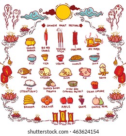 Vector Illustration of Chinese Ghost Festival Offerings.Traditional Opening of the Hell Gate Day to the spirits and is known as Hungry Ghost Festival.