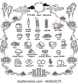 Vector Illustration of Chinese Ghost Festival Offerings.Traditional Opening of the Hell Gate Day to the spirits and is known as Hungry Ghost Festival.