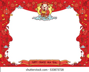 Vector Illustration of Chinese God of Wealth "Tsai Shen Yeh" for Chinese New Year Greeting Card  with Copyspace. The Chinese text means "Good Fortune". Doodle Style
