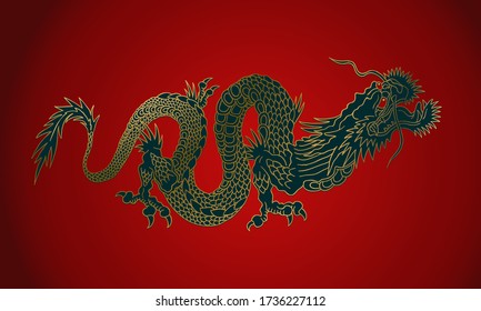 Ilustración vectorial de un dragón de oro chino. dragón asiático dorado sobre fondo rojo.